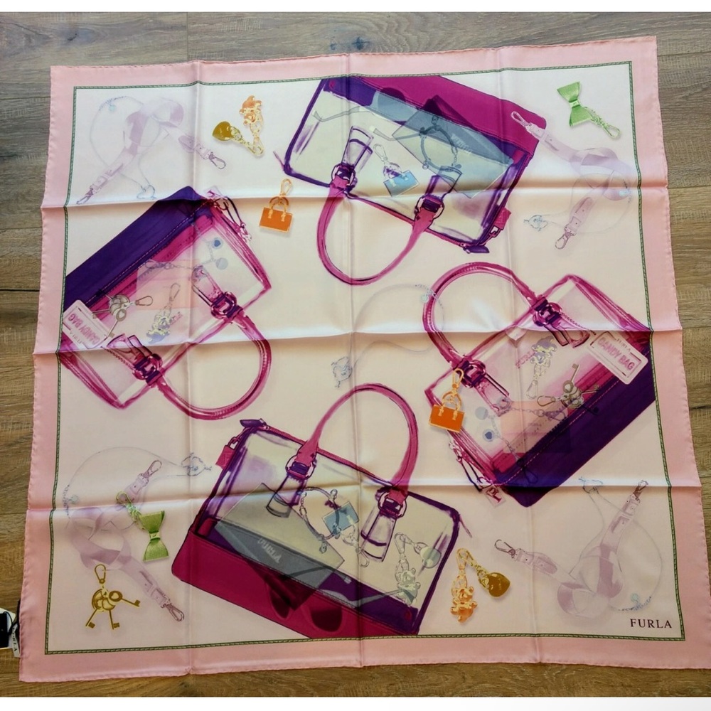 Rare NWOT FURLA 100% Silk Scarf Foulard - Handbags - Pale Pink Background
